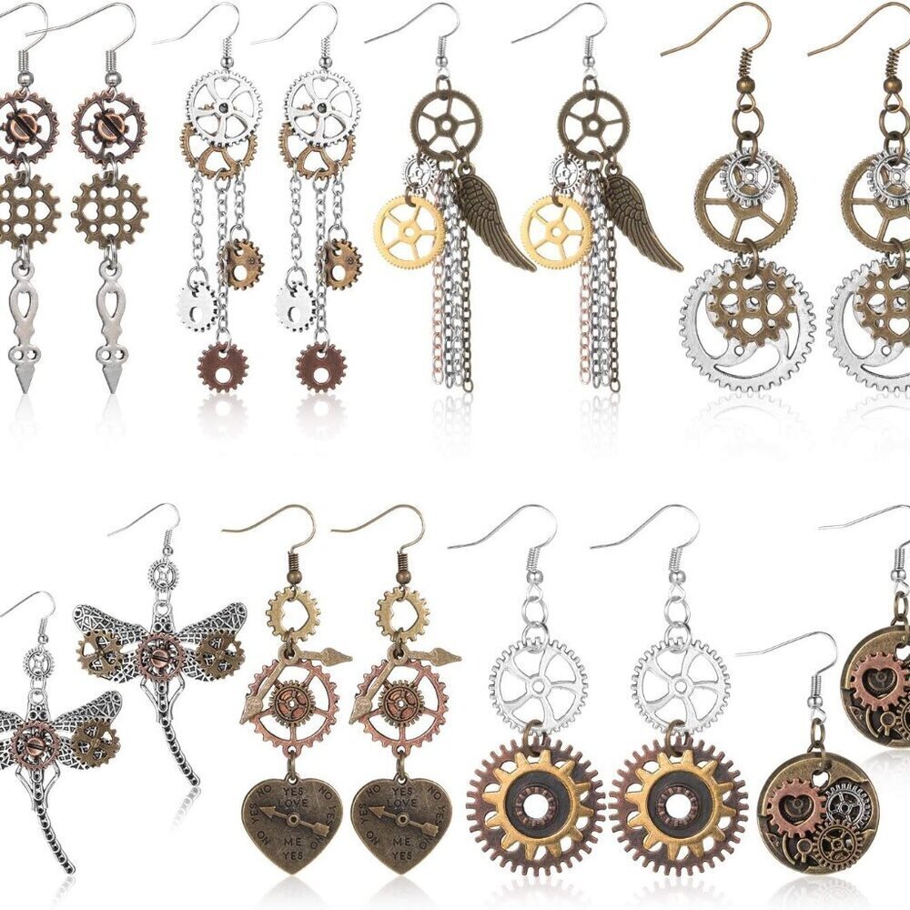 8 Pairs Steampunk Earrings Women Vintage Drop Gear Dangle Jewelry Accessories